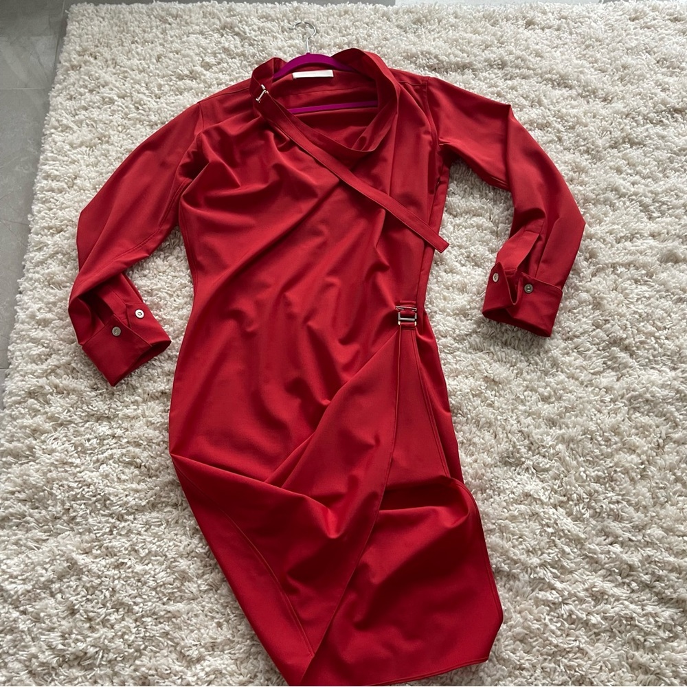 Dion Lee Red Mini-to-Midi Cowl Neck Dress Buckle Hardware Designer Draped Dress